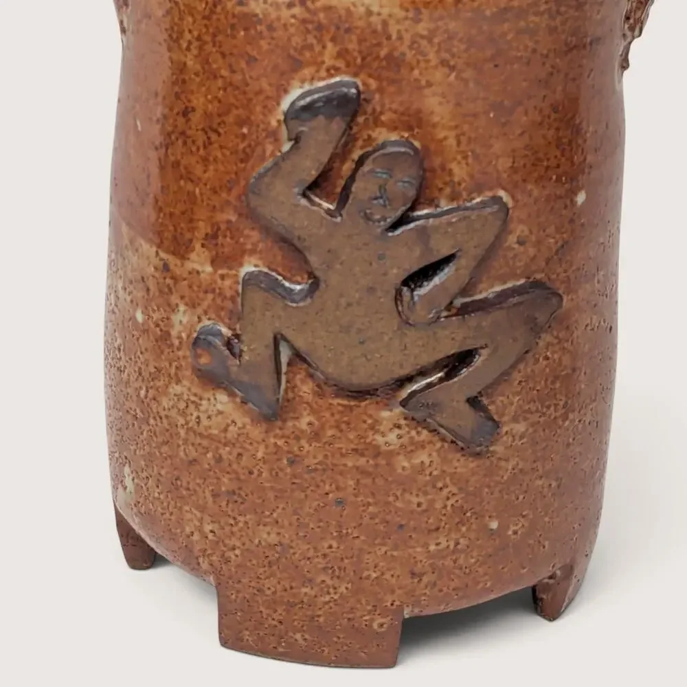 Vintage Handmade Stoneware Pottery Basket with Frog Motif